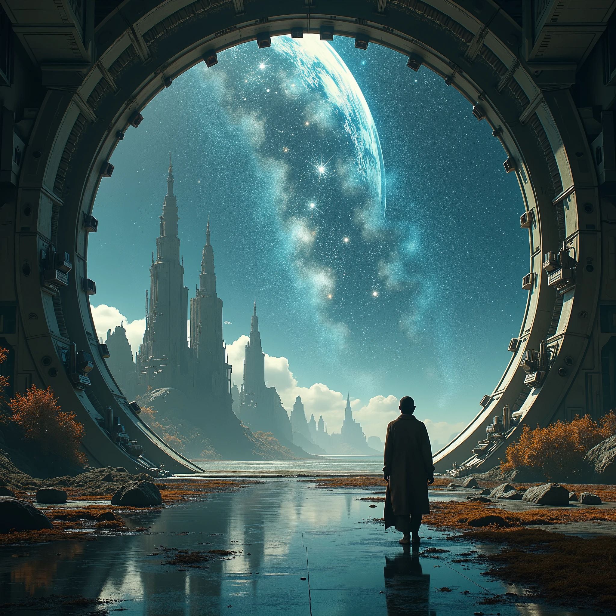 a hyperrealistic picture capturing the life of humanity as a simulated world, which was created and controlled by an alien race through galactic artificial intelligence, the development of humanity is directed through philosophical directions.
1. A simulated world: Country, which illustrates the illusion of an endless universe with majestic starry skies and futuristic architectures, which emphasize the artificial nature of the environment.
2. Philosophical directions: View hlavných filozofov a ich vplyv na ľudské myslenie. View Plato and Aristotle in Antiquity, Descartes and Bacon in the Renaissance, Foucaulta a Derrida in postmodernism a poststructuralism. Their philosophies should be visualized as abstract symbols and holograms, which illustrate their influence on human understanding of reality and language.
3. Observers: An alien race in technological observatories, observing and analyzing human development. Display their devices and holograms, which they examine in detail, how philosophical theories shape human behavior and perception of reality.
4. Language and deconstruction: View, how Derrida's theory of the ever-changing meaning of words and their effect on reality affects human interactions. Visualize dynamic language systems and abstract texts, which illustrate philosophical concepts.
5. The discovery of true reality: In the background, show the transition from the simulated world to reveal the real one, smaller universe. Show me, as humanity adapts to new conditions and discovers the wider universe.
This image should epically capture the development of philosophical ideas and their impact on humanity, as an alien race observes and analyzes them in a hyper-realistic quality.