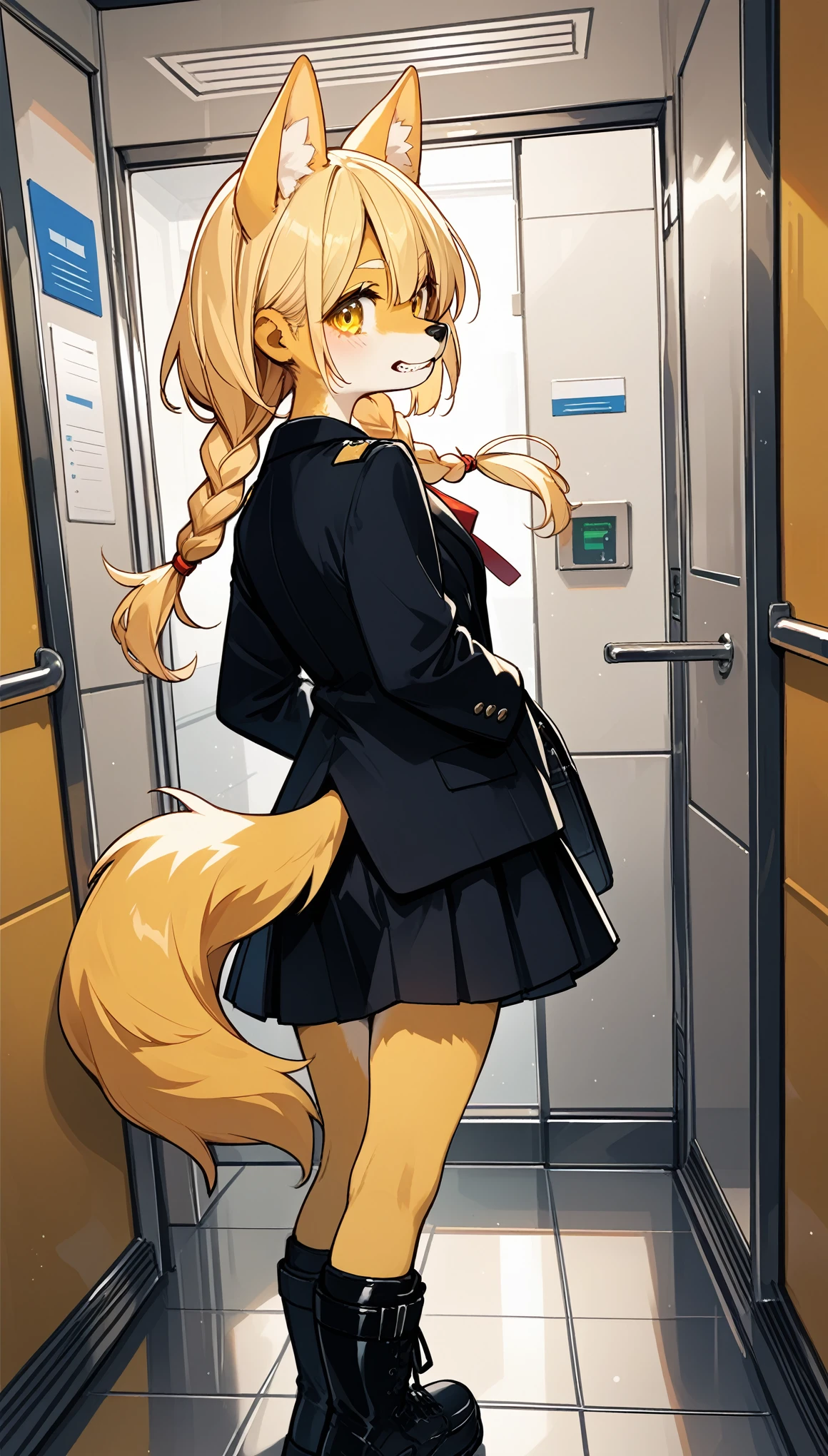 score_9,score_8_up,score_7_up, source_furry, An anthro furry dog girl, yellow furry dog girl, yellow eyes, yellow dog ears, blonde hair, long braided hair, snout, black nose, wearing black blazer, white button up shirt. Black skirt, black combat boots, hands behind her back, coy pose,elevator，in the elevator, grinning, canine teeth