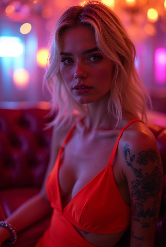 1 very young looking skinny  girl in shot posing , very slim tight skinny super model bod, 16y, blond, in luxurious strip club vip lounge, wearing a stripper sexy slutty neon color mini dress, tattoos