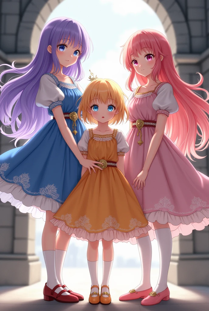 3 beautiful young girls the first girl with long violet hair with bangs with dull light blue eyes beautiful blue and white dress. The second girl is young, a little shorter, with short sun-yellow hair with bangs and a yellow and orange dress with a big gold necklace, and the third has long strawberry pink hair with dull pink eyes in a strong and light pink dress with white long socks without bangs. ( girls between 16 and 18) medieval era anime