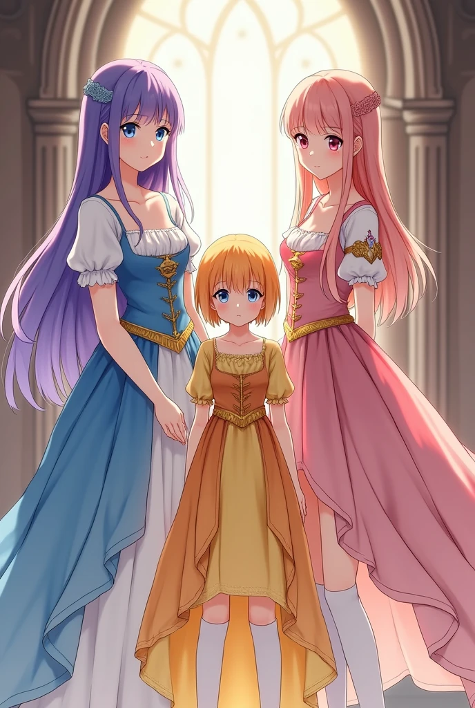 3 beautiful young girls the first girl with long violet hair with bangs with dull light blue eyes beautiful blue and white dress. The second girl is young, a little shorter, with short sun-yellow hair with bangs and a yellow and orange dress with a big gold necklace, and the third has long strawberry pink hair with dull pink eyes in a strong and light pink dress with white long socks without bangs. ( girls between 16 and 18) medieval era anime
