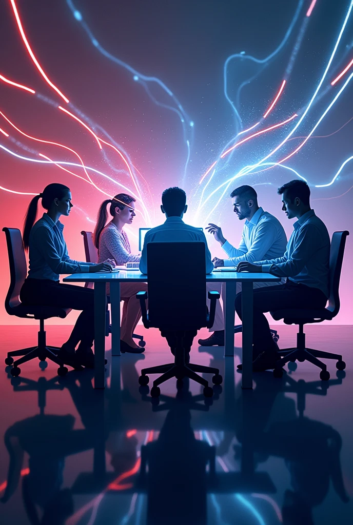 Office silhouette with energy lines on a group of people working together
To this, add more energy lines interacting