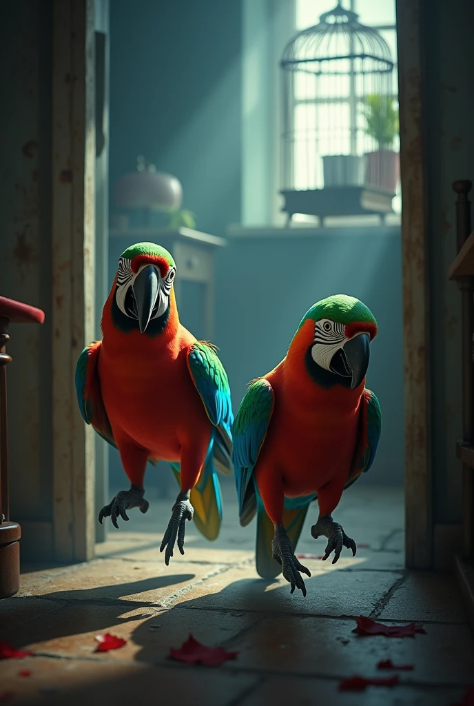 Two husband wife parrot escaping to a cage