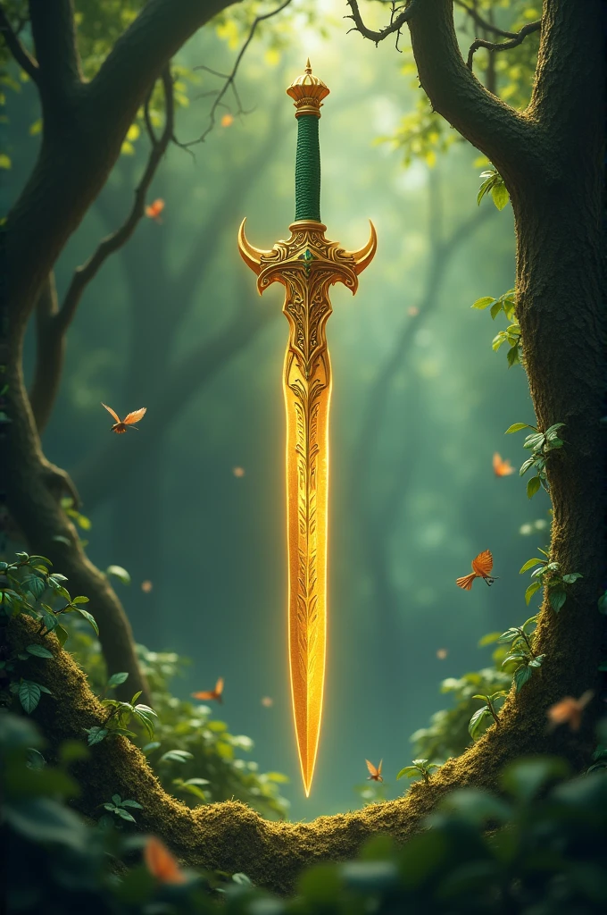 Generate picture of a Blade Whip of golden colored blade and deep green colored grip. Background is to be forest sounds