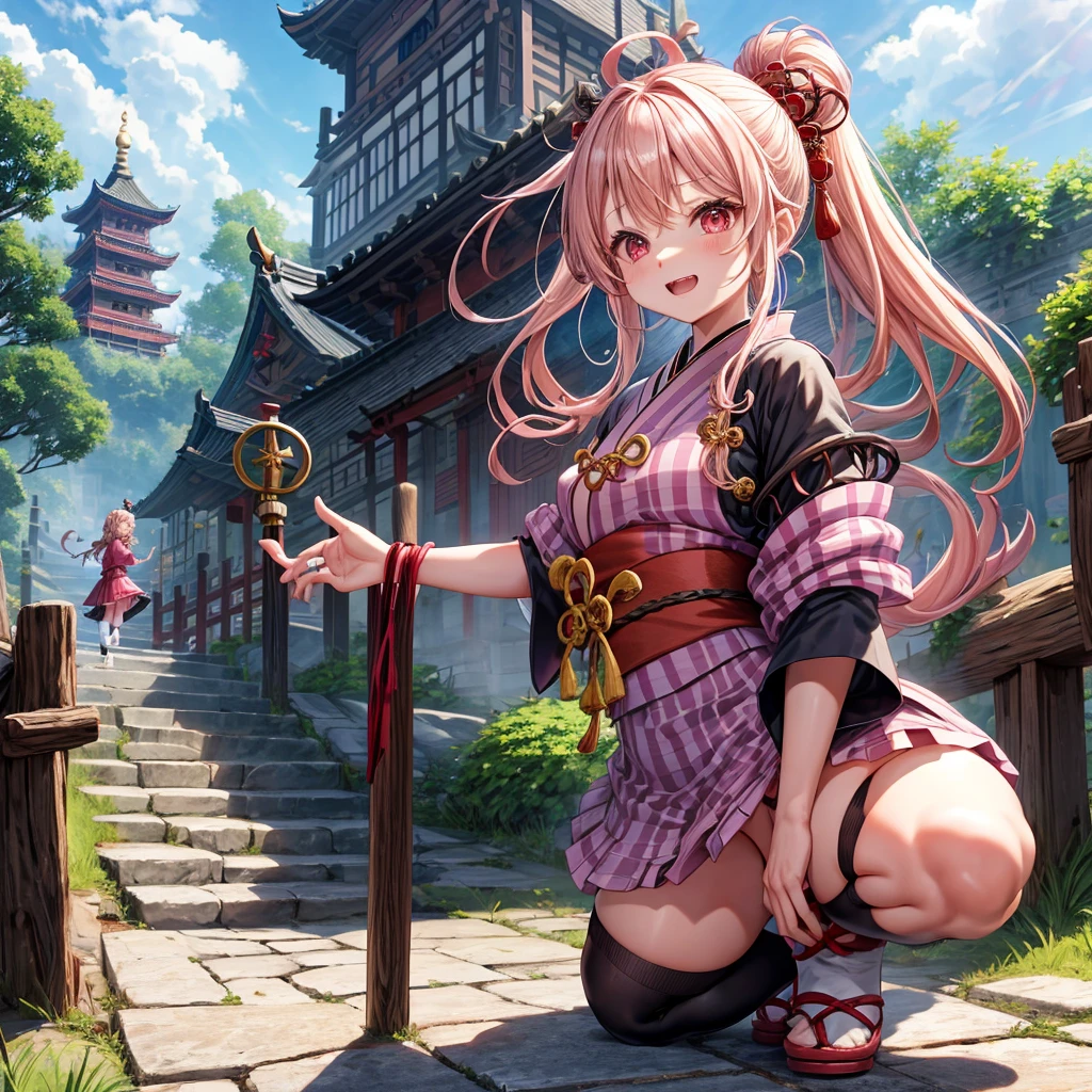 Pink Blonde、Red eyes、Wavy Hair、Hair tied up、Two cute、Checked mini skirt、black t-shirts、kimono、China、Frills、Knee-high socks、Teeth are visible、Monster Castle、Tilting face、grass、Stones are growing out of the ground.、In front of the city gates、Underground tunnels、Wooden bridge、The stone is cracked、Ashura Statue、Giant wood、There is a step on the ground、Piglets in a String
