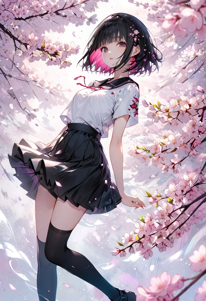 (((Background Senbonzakura)))、((Cherry blossoms fluttering effect))、Black short hair、Quirky hair、(Long bangs)、White short-sleeved clothing、Black Skirt、Black knee socks