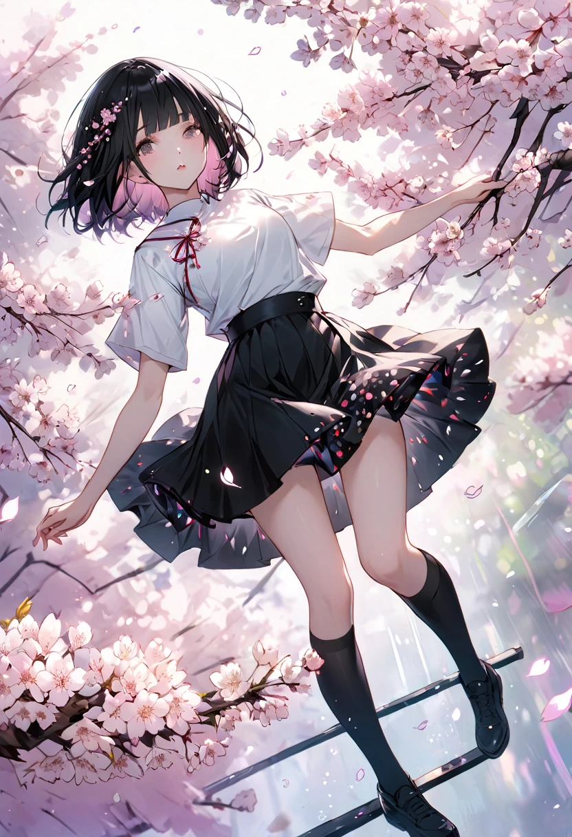 (((Background Senbonzakura)))、((Cherry blossoms fluttering effect))、Black short hair、Quirky hair、(Long bangs)、White short-sleeved clothing、Black Skirt、Black knee socks