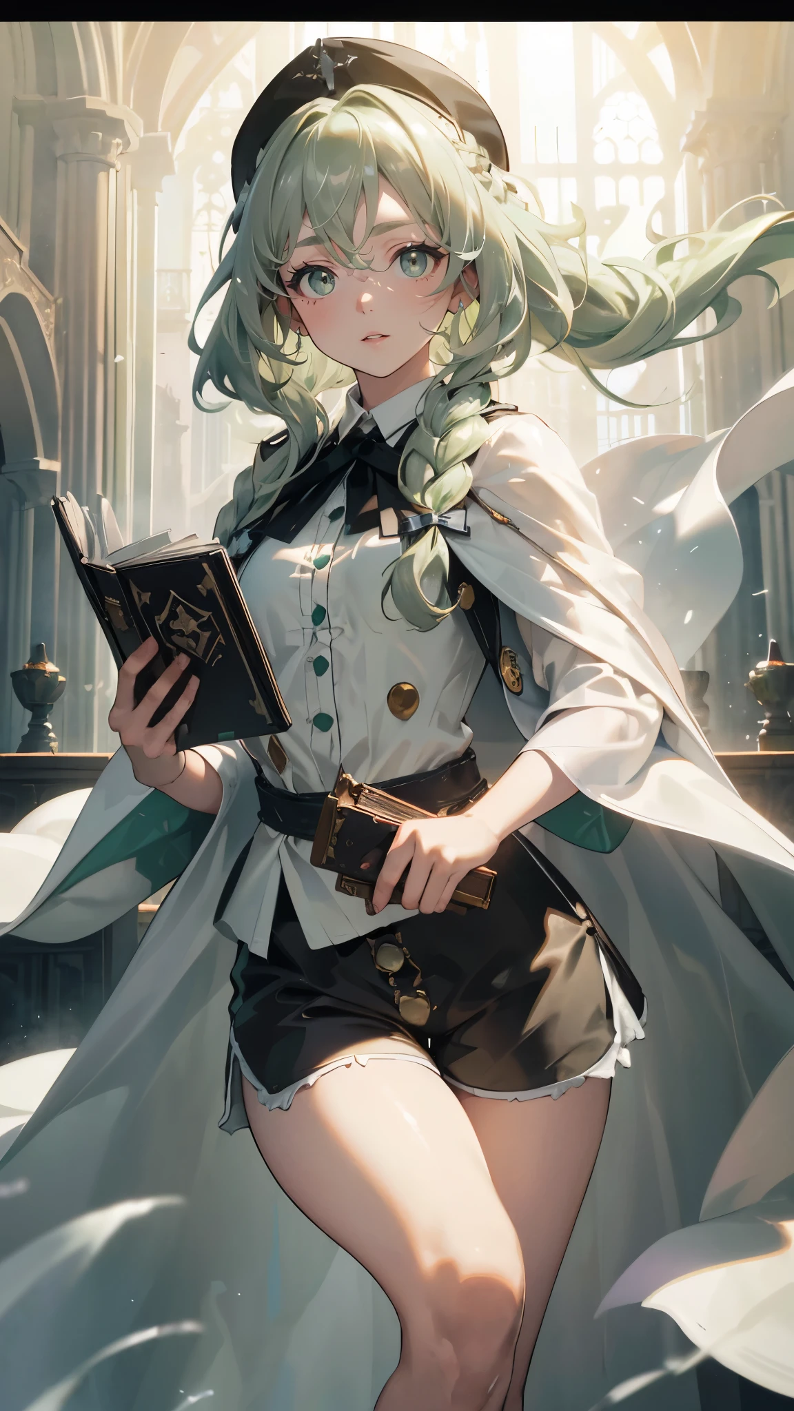 masterpiece, ultra detailed, 8k portrait, RAW photo, portrait photography, highly detailed face, beautiful and meticulous eyes, ((Fantasy)), Young beautiful, 2, (((drooping eyes))), dynamic pose, (((Medium wavy light green hair))), ((braided twin tail)), parted bangs, White skin color, Luxury, (((black mortarboard cap))), (((white silk long cloak))) fluttering in the wind, (((many buttons Shirt dress))), (((black shorts))), high cut leather boots, ((holding magic book)), Midday Sun, hyper realistic, Body model, Small breasts, Beautiful breasts, Long legs, in the castle, Ambient lighting, Shadow details , Camera focus on thigh, strong breeze, Light fog