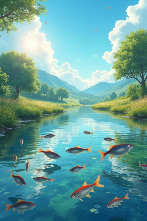 The sky is blue、Many sweetfish are swimming and jumping in the river.。Beautiful photo images