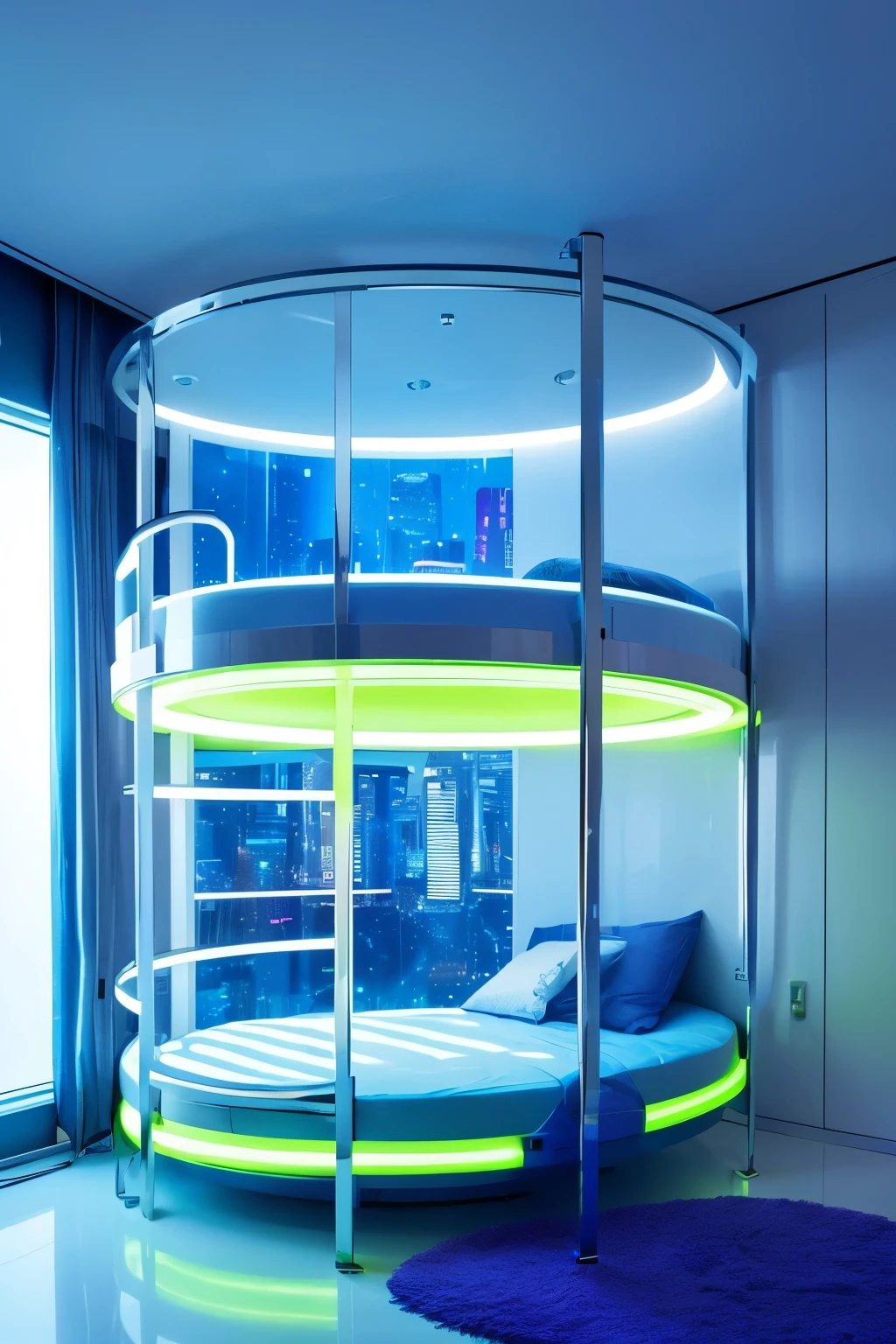 a cute futuristic cyberpunk style 2-tier circular bunk bed, child's bedroom, large windows, modern city apartment, detailed, intricate, clean, bright white, neon lights, holographic displays, chrome accents, minimalist, highly detailed, cinematic lighting, dramatic shadows, vibrant colors, mechanical elements, advanced technology, stunning, masterpiece