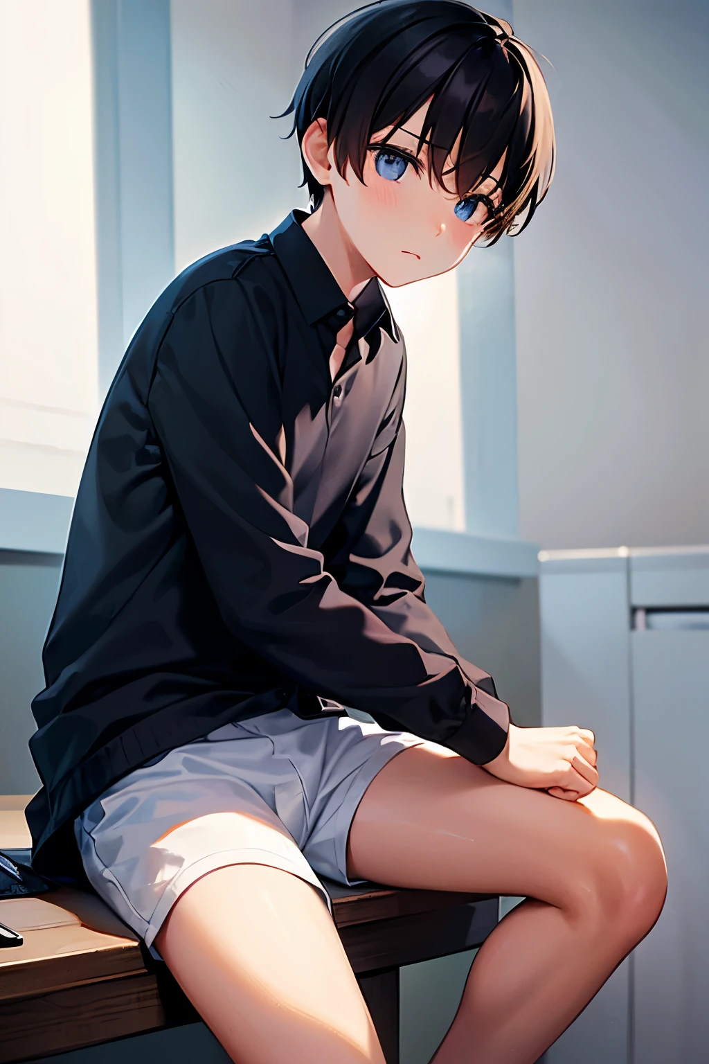 a boy sitting in a bedroom, wearing a white long sleeve shirt and black underwear, viewed from the side,