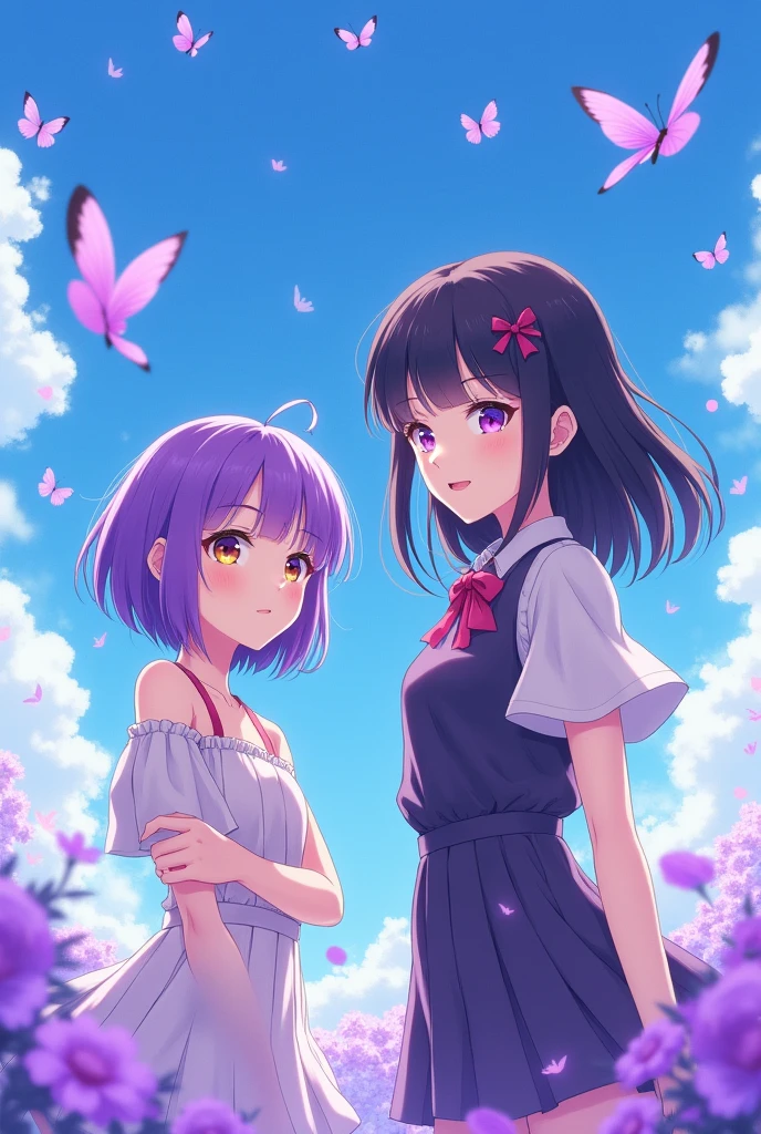 girl hair purple short and friend girl hair black with purple valorant, butterflies purples and sky blue , anime cute HD , KDA clothes