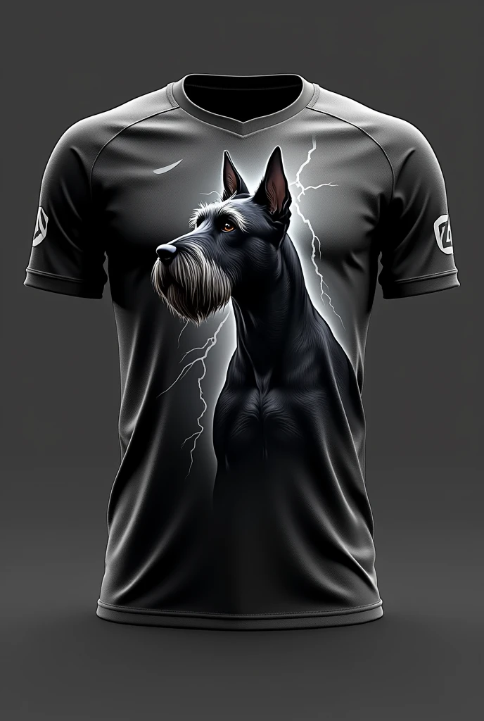 Design a soccer uniform for a team called Zeus with an image on the shirt of a giant schnauzer with cropped ears in black and silver gray colors