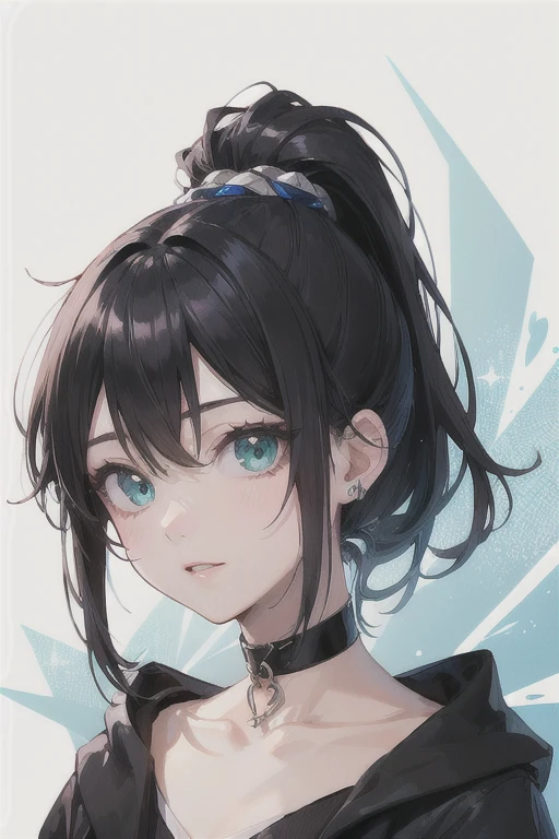 (Highest quality)、(Highest quality)、cute、(choker).eyes are emerald、(ponytail)、(Black Hair)、