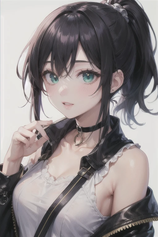 (Highest quality)、(Highest quality)、cute、(choker).eyes are emerald、(ponytail)、(Black Hair)、