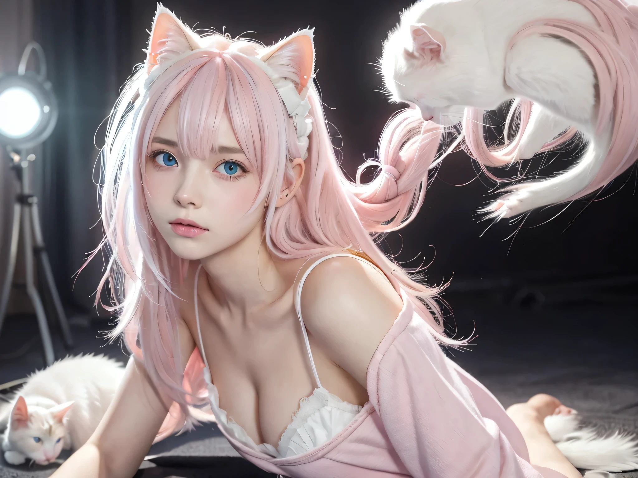 {{masterpiece}},{{Highest quality}},Awareness-raising,1 perfect portrait of a girl, Colorful Hair, (pink+White and soft hair:1.6), Blue eyes,(Cat ear:1.3),Slim and tall body type, Fantasy pink background, Exposed bare shoulders, Long-term alienation_sleeve, {Lean forward slightly},{shy}, Tilt your head,{Small breasts} ,Cinema Lighting,Larger clothes, ((Seductive pose)), 