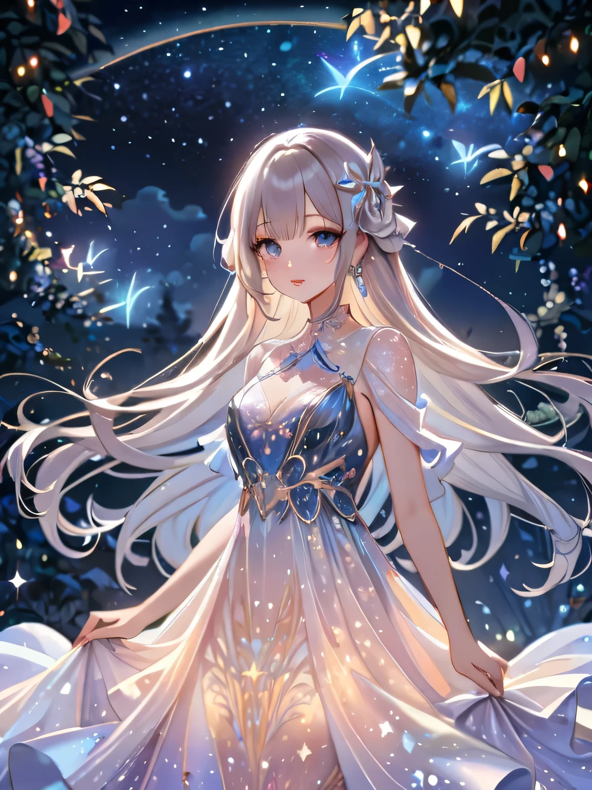 (best quality,4K,8K,high resolution,masterpiece:1.2),A girl standing alone under the night sky, Her figure shimmers in the soft moonlight and twinkling stars. Her face is beautifully detailed, Eyes sparkling, Long and fluttering eyelashes, And well-defined lips. She wore an elegant dress, Flutterish, fluttery, Gracefully embraces her figure that shimmers with subtle celestial light. The intricate details of her dress reflected the faint starlight., Creates a mesmerizing glow. The surrounding landscape showcases a tranquil garden, The foliage is luxuriant，The flowers are brilliant and colorful. There&#39;s a breeze in the air, Rustling leaves，The flowers sway gently. The garden is bathed in warmth, Dream Palette, With dark blue hue, Purple, And a hint of silver. The atmosphere is calm and peaceful, Evokes a feeling of peace and tranquility. Artwork of the highest quality, Carefully crafted with extremely detailed brushstrokes and precise attention to every element. The texture and depth of this painting is breathtaking, Photorealistic and photo-realistic，Capturing the stunning beauty of the night sky. Soft and diffuse light, Casts a soft glow over the entire scene, Enhance the magical atmosphere. The girl&#39;s presence exudes a sense of mystery and wonder, As if she holds secrets related to the gods in heaven. The overall composition evokes a sense of timelessness，and captures the essence of StarSign, A work of art that captures the celestial beauty and inner strength of a girl connecting with the stars. (Artificial Intelligence Generation:.25),(Smile:.25)