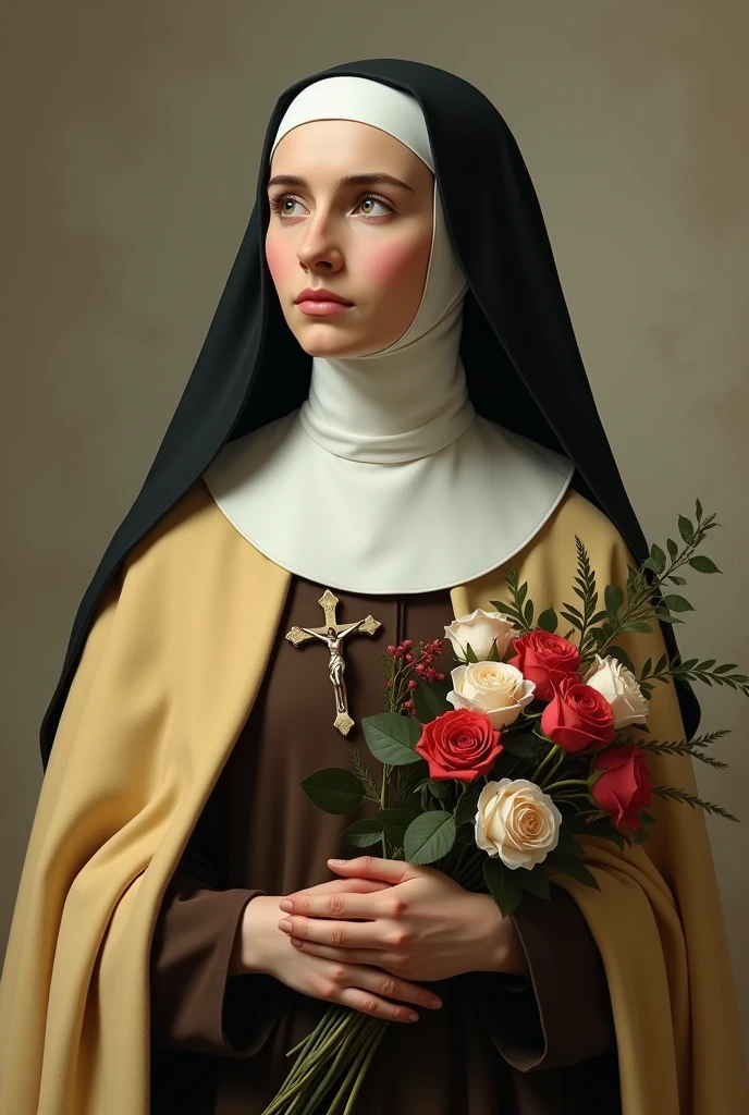 Generates an image of Saint Therese, dressed in a brown habit, black veil, a light yellow cloak over the habit, a religious nun, holding a bouquet of roses and a crucifix. she is portrayed with a contemplative expression, reflecting his deep spirituality and communion with God, she has on average 24