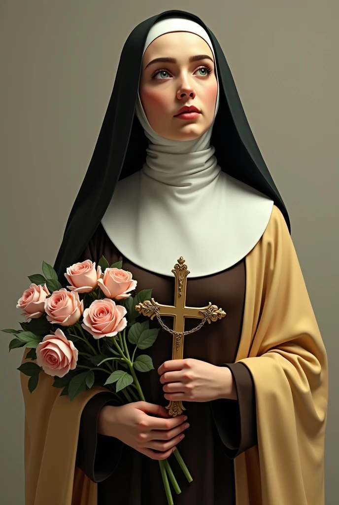 Generates an image of Saint Therese, dressed in a brown habit, black veil, a light yellow cloak over the habit, a religious nun, holding a bouquet of roses and a crucifix. she is portrayed with a contemplative expression, reflecting his deep spirituality and communion with God, she has on average 24