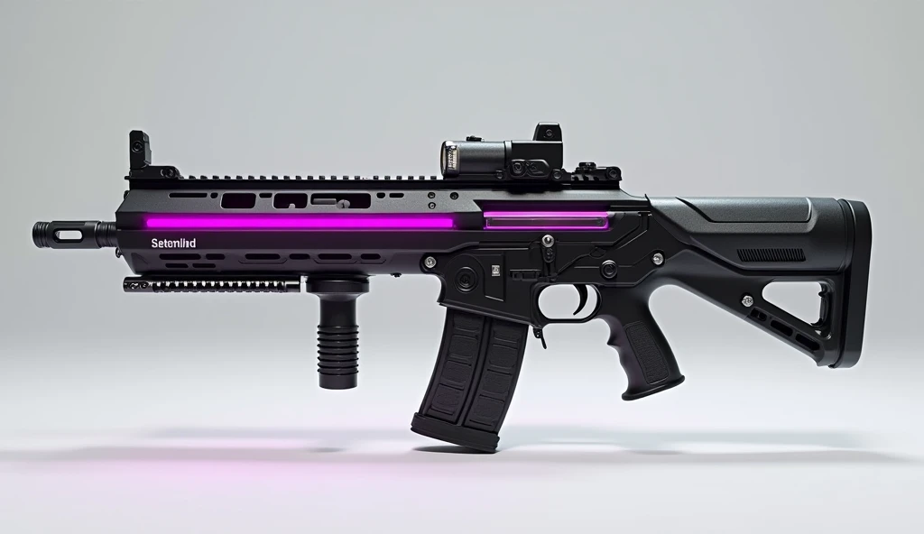 A sleek, lightweight assault rifle with energy conduits running along the barrel, designed for rapid-fire and precision shooting. Matte black with electric pink accents,3D Rendering, Super Detailed, Textured Skin, High Resolution, High Quality, 