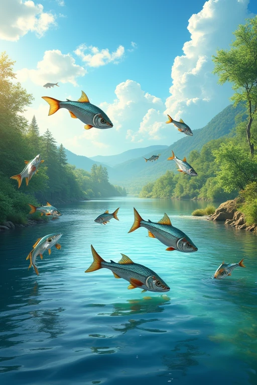 The sky is blue、Many sweetfish are swimming and jumping in the river.。Beautiful photo images