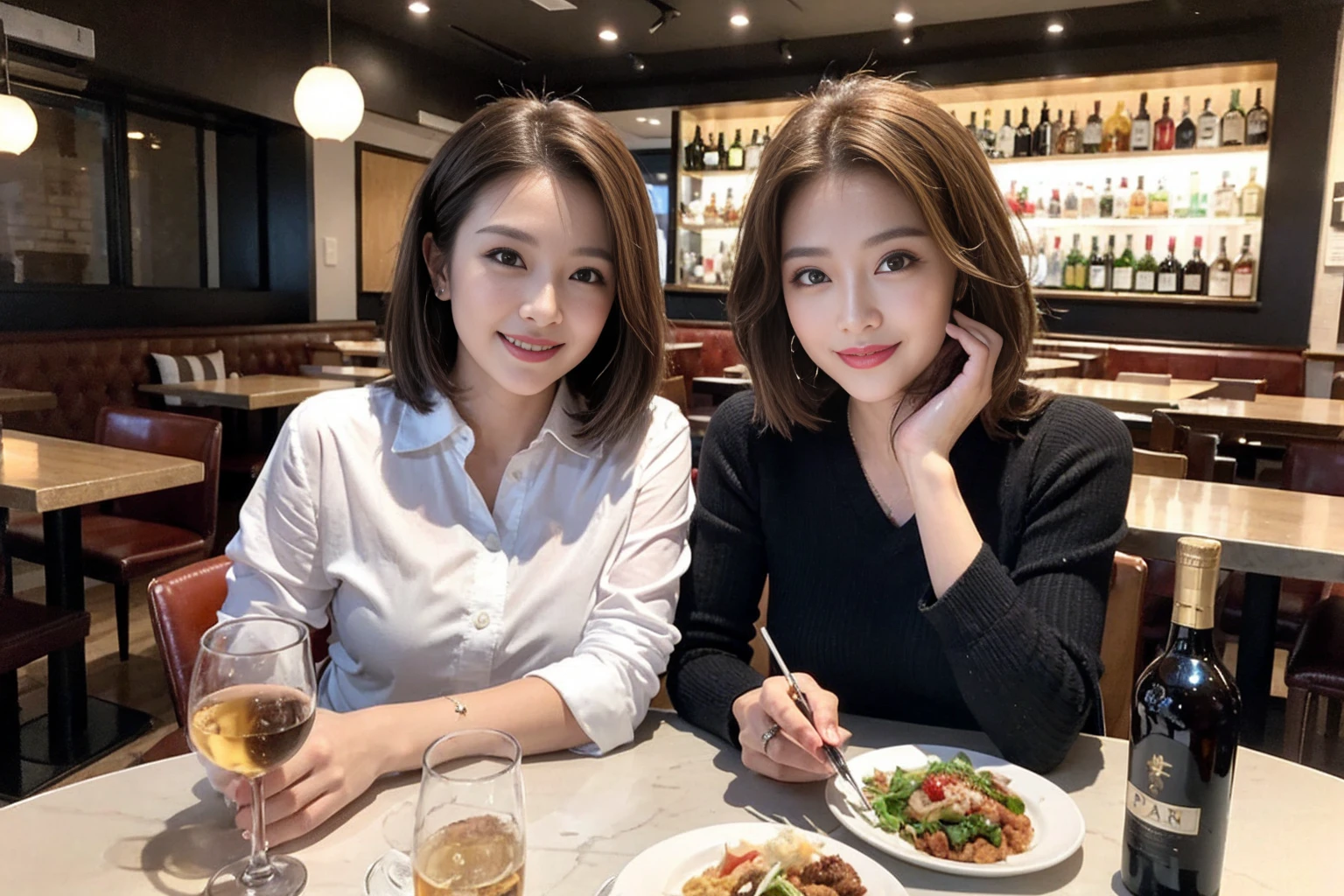 ((Highest quality、8k、masterpiece:1.3))、Whiskey bottles、The Macallan、Joni Black、Old Parr、whiskey、Suntory、Nikka、Slim Couple、modelカップル、(Realistic, Intricate details:1.2), full-course dinner、Whiskey bottle and glass on the table、Single Malt、scotch、Rocks glass、Shot Glass、On the rock、Scotland、Amazing view of the sunset sky and clouds、A bright smile、short hair,Bright Face、 (Age 37), 3,Two beauties、Brown Hair、Shortcuts、Long sleeve shirt、dress、restaurant, Nova Frog Style, actress, model, Upper Body,