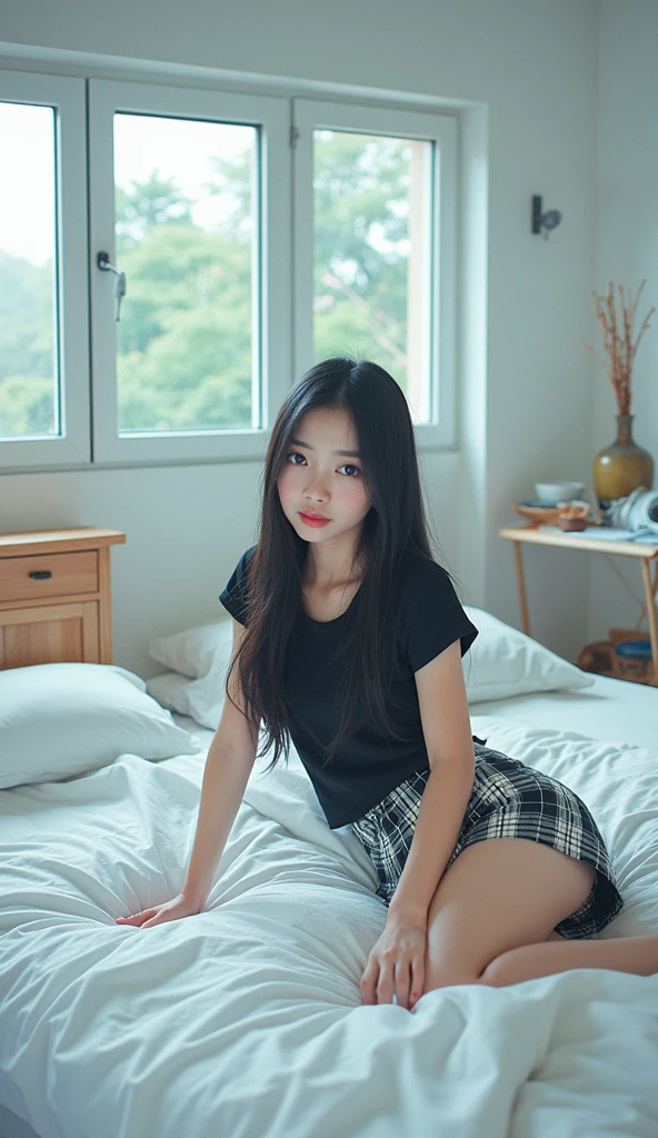 photorealistic image of a woman, ultrarealistic, photography, straight black hair, indonesian woman, small breasts, double eyelids, small messy bedroom, black shirt and tartan short pants, mid part hair