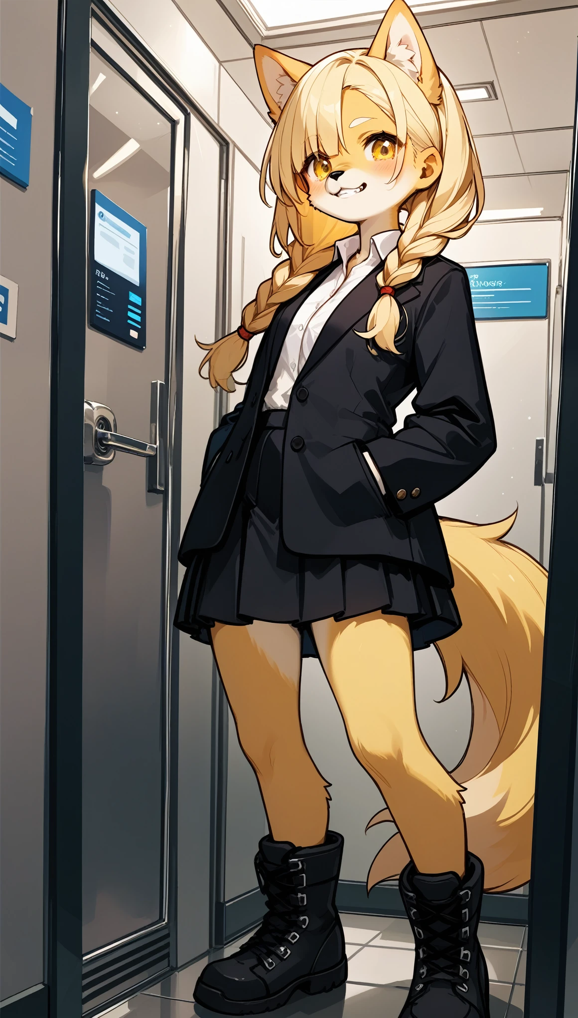score_9,score_8_up,score_7_up, source_furry, An anthro furry dog girl, yellow furry dog girl, yellow eyes, yellow dog ears, blonde hair, long braided hair, snout, black nose, wearing black blazer, white button up shirt. Black skirt, black combat boots, hands behind her back, coy pose,elevator,in the lift, grinning, canine teeth