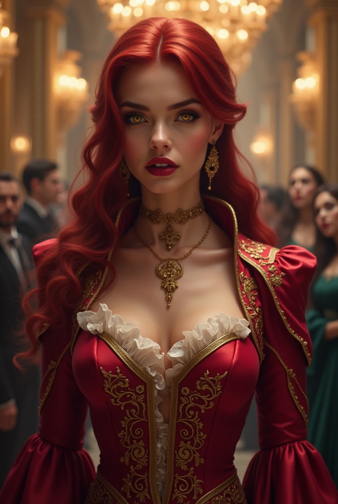 A nobel lady, luxurious and gracious look,dark red hair,bright yellow eye,dark red lipstick, dominant aura, standing in the ball room with other nobel lady
