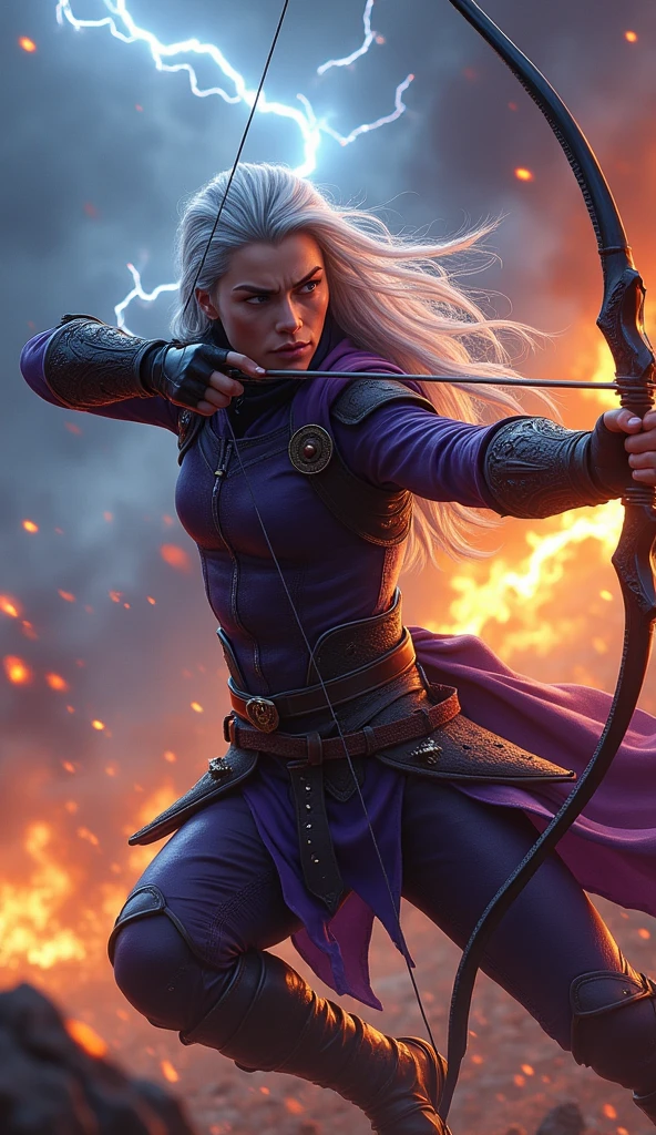Full body action shot, 8K definition, high contrast, dramatic lighting, dynamic action pose, deep purple leather armor hugging his form as he moves with deadly precision. Raven, with long silver hair flowing like a storm, wields a black bow. He fires arrows trailing lightning ("Storm Bringer Arrow") and fire ("Storm Fire Arrow"), both of which crackle and roar through the air. A storm of lightning and flames erupts in the background, filling the scene with chaotic energy. The ultra-detailed leather texture on his armor shows every crease, and the intricate bow design is highlighted by the lightning and fire effects. His feet are planted in a strong archer's stance, ready to release another deadly volley, with individual strands of hair and the electric energy clearly visible in high detail.