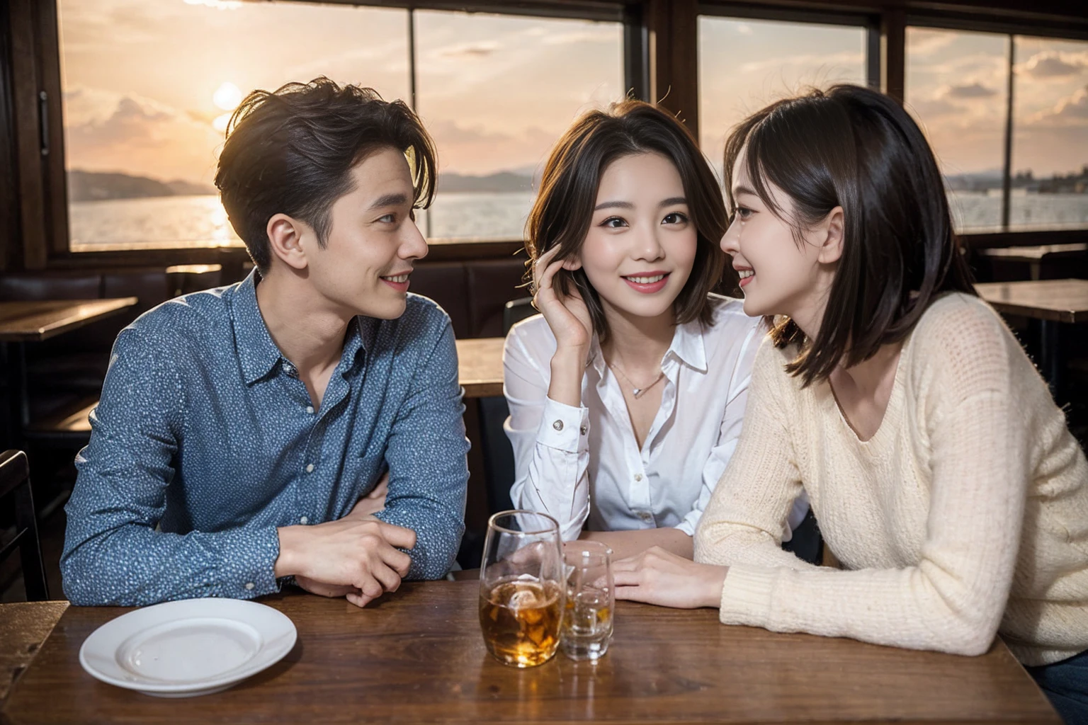 ((Highest quality、8k、masterpiece:1.3))、Whiskey bottles、The Macallan、Joni Black、Old Parr、whiskey、Suntory、Nikka、Slim Couple、modelカップル、(Realistic, Intricate details:1.2), full-course dinner、Whiskey bottle and glass on the table、Single Malt、scotch、Rocks glass、Shot Glass、On the rock、Scotland、Amazing view of the sunset sky and clouds、A bright smile、short hair,Bright Face、 (Age 37), 3,Two beauties、Brown Hair、Shortcuts、Long sleeve shirt、dress、restaurant, Nova Frog Style, actress, model, Upper Body, 
