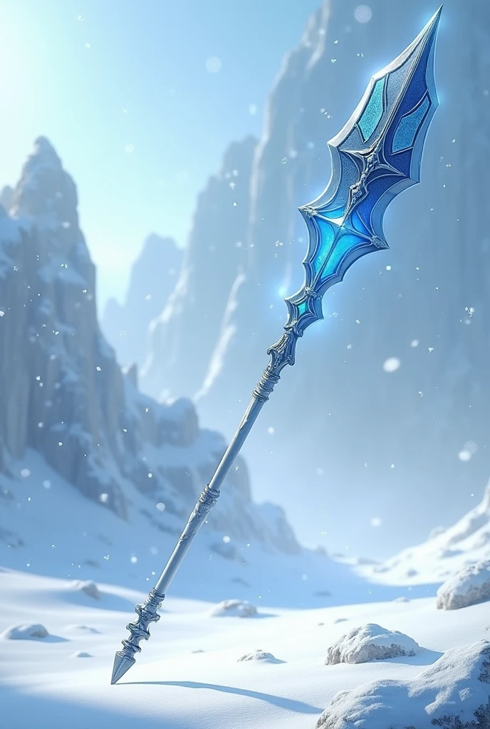 Generate picture of a Glaive Polearm of blue colored blade and silvered white colored shaft. Background is to be of snow falling, snow land