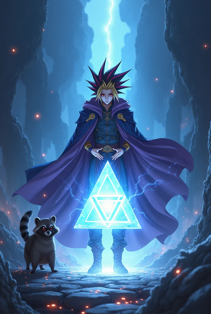 realistic anime style. Wizard Character "Endymion", he "double iris wizard" y he mapache "baby", arte dhe juego de cartas Yu Gi Oh, standing around a floating orb, hecho de cristal brillante blanco con un triangulo en he interior, que flota en he centro de los personajes de pie, dhe tamaño de una pheota. The characters are giving their own energy to the orb. magical landscape, Dynamic perspective, Whole body, detailed art, Official art style of the franchise, Dynamic perspective