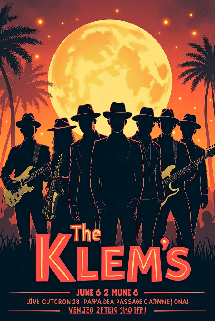 Créer une affiche moderne pour un concert avec 6 chanteur qui porte un chapeau, un batteur, un petit bassiste, un saxophone, un guitariste, un autre guitariste chauve. Décord de fond festival. dans un style rock avec faux personnages en ombres. pour le band « The Klem’s ». Avec écrit dessus : Date le 06/09/24 à 20h au café du passage Carnot à Pau.