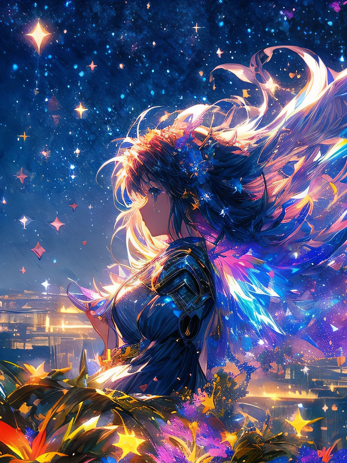 ((Supergiant faint satellite))((A girl looking up at her profile,Described subjectively))、((Crying girl))、Profile Girl、On colorful background、River painting with stars and moon in the rainbow sky、Shining skyscrapers、Shine in all directions、Concept art inspired by Tosa Mitsuka、pixiv contest winners、Top quality、Fantasy Art、Beautiful anime scene、Bright Moon、MoonlightStarry SkyEnvironment、dream、anime background art、Fantasy Landscape Art、Fantasy Knight、Anime Background、Background artwork、Wonderful Art、Atmosphere Animation、Starry Sky、Details are enhanced。