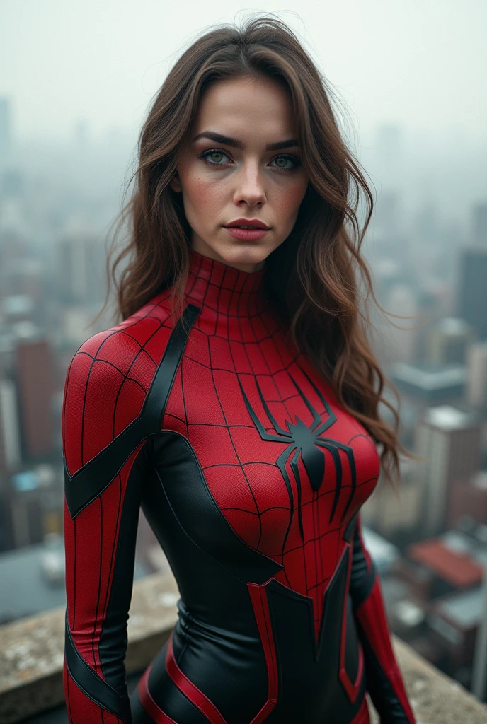(1girl:1.3), Solo, (((Very detailed face)))), ((Very detailed eyes and face)))), Beautiful detail eyes, Body parts__, Official art, Unified 8k wallpaper, Super detailed, beautiful and beautiful, beautiful, masterpiece, best quality, original, masterpiece, super fine photo, best quality, super high resolution, realistic realism, sunlight, full body portrait, amazing beauty, dynamic pose, delicate face, vibrant eyes, (from the front), She wears Spider-Man suit, red and black color scheme, spider, very detailed city roof background, rooftop, overlooking the city, detailed face, detailed complex busy background, messy, gorgeous, milky white, highly detailed skin, realistic skin details, visible pores, clear focus, volumetric fog, 8k uhd, DSLR, high quality, film grain, fair skin, photo realism, lomography, futuristic dystopian megalopolis, translucent