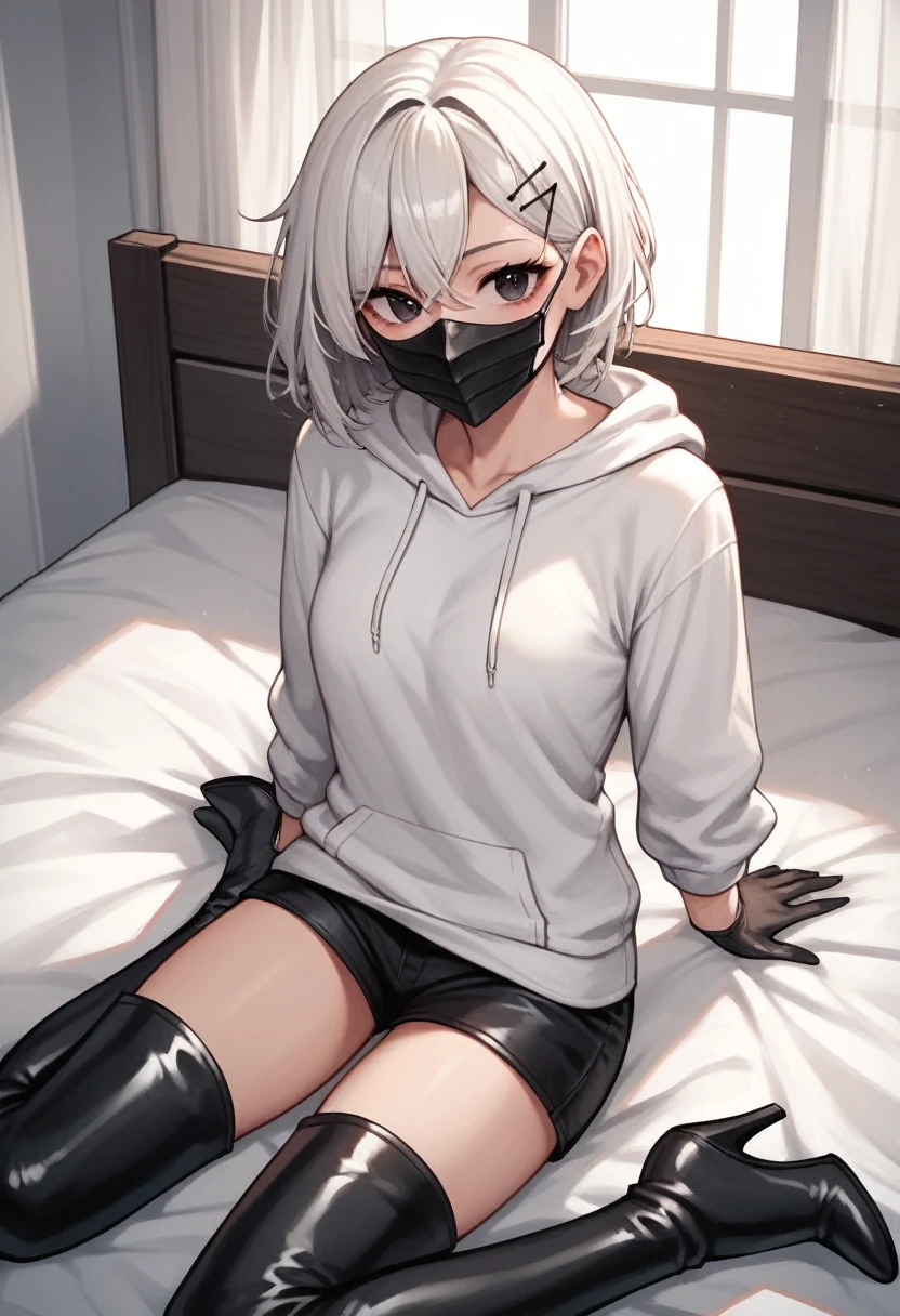 score_9, score_8_up, score_7_up, score_6_up, score_5_up, score_4_up, source_anime, 1woman, fair skin, She lay down on her back, Nice face, bed, white hair, hairpins, black eyes, leather gloves, mask, clean hair, white hoodie, thigh high boots, lacing boots, black boots, heels, room, best quality, best res, 4K UHD,
 