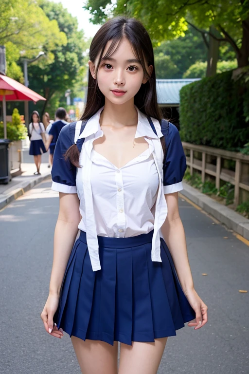 Beautiful face in every detail、Thin arms、Beautiful legs、Fair skin、Japanese schoolgirl、Moderate skin exposure、Small and thin body、Wearing summer uniform、cute、Whole body shot、High resolution, Big round breasts, Heavy breathing,