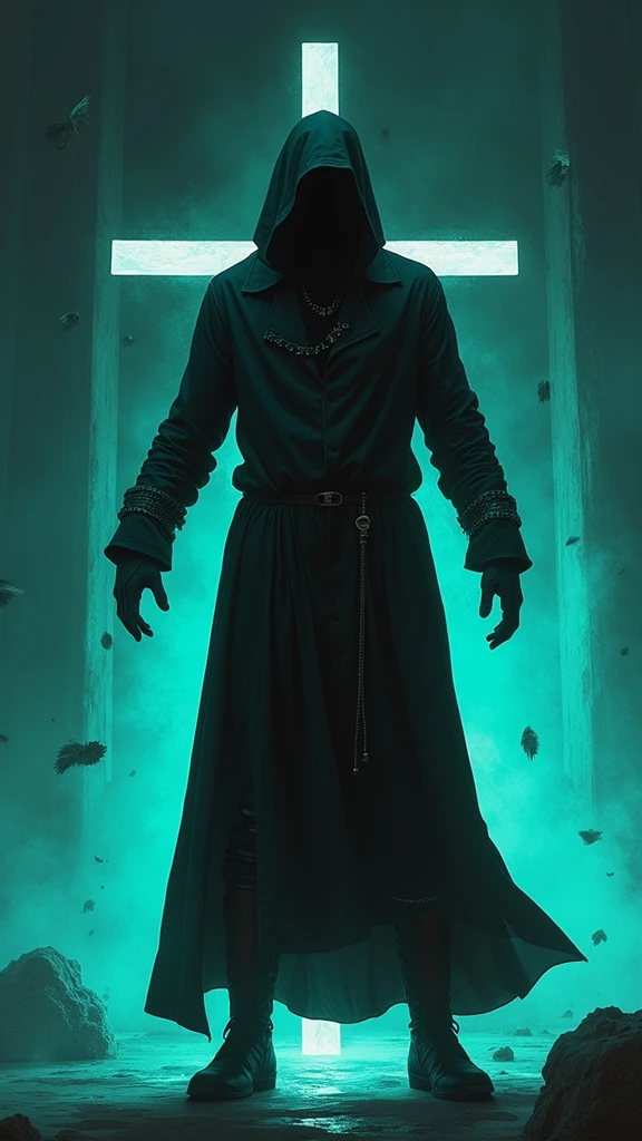 A completely dark man standing behind a white beautiful cross