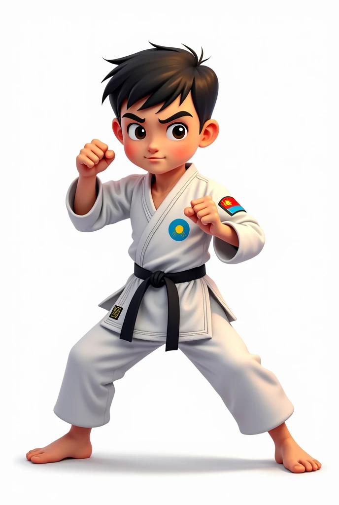 ((officially)) ((masterpiece)) ((Best quality)) ((detailed)) cartoon boy karateka in uniform with emblem flag of Kazakhstan in fighting stance on white background