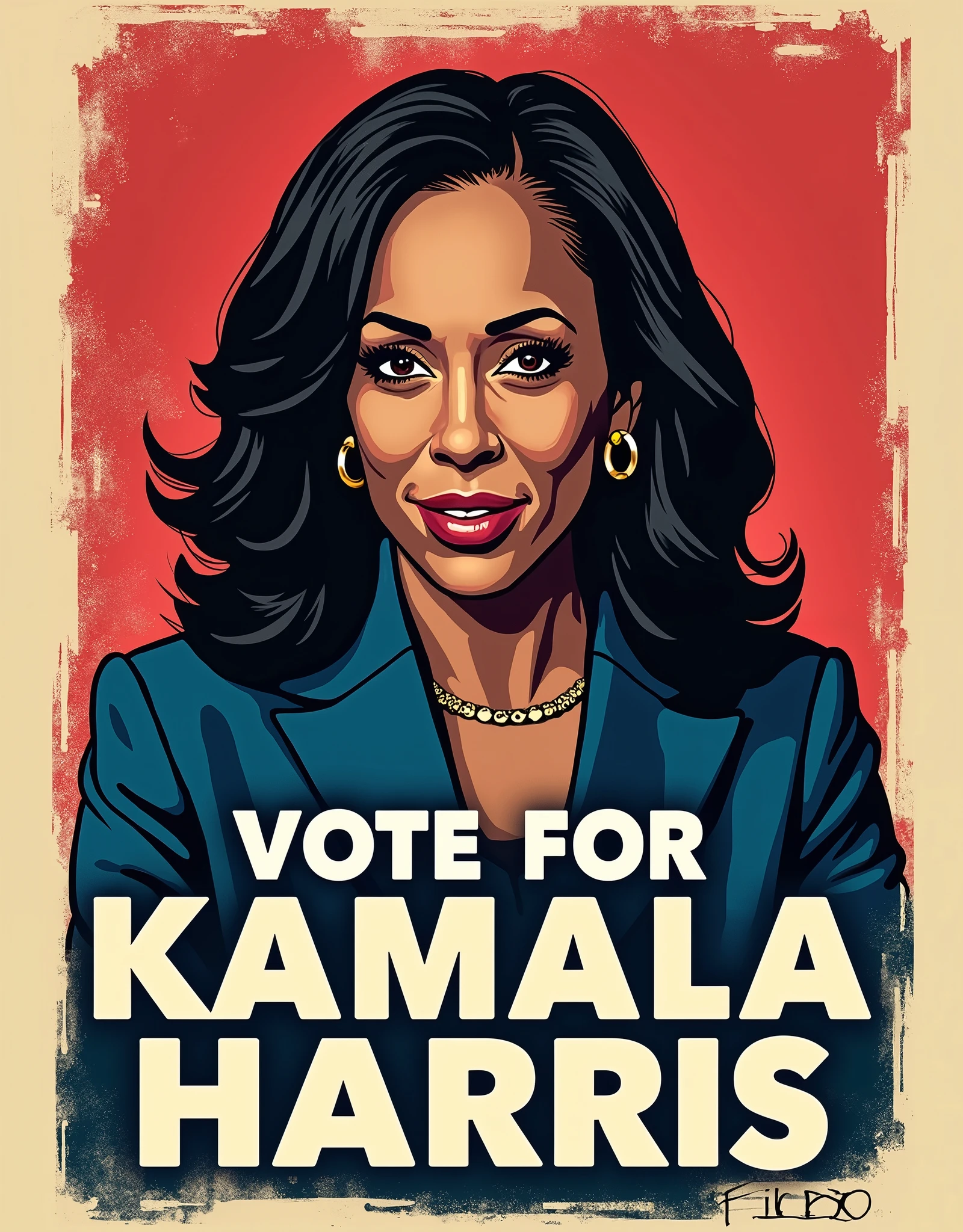 Create a dynamic pop-art portrait of Kamala Harris with vibrant, contrasting colors like red, blue, and cream. Below her portrait, the phrase "Vote for Kamala Harris 2024" is written in bold, vintage-inspired block letters. Add a subtle grunge texture for a retro yet modern appeal.