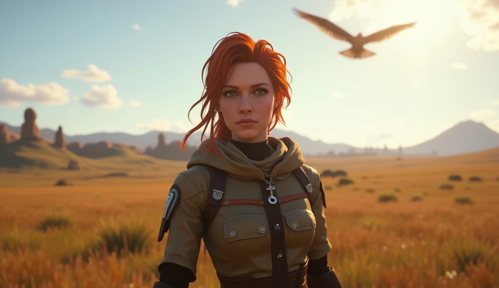 A young redhead woman with green eyes standing in a field with a bird flying in the background., aloy, aloy from the horizon zero dawn, aloy from the horizon: zero dawn, horizon zero dawn, from the horizon: zero down, horizon zero dawn aesthetic, gameplay of horizon zero dawn, horizon zero dawn 8 k, horizon zero dawn machine, leds horizon zero dawn machine