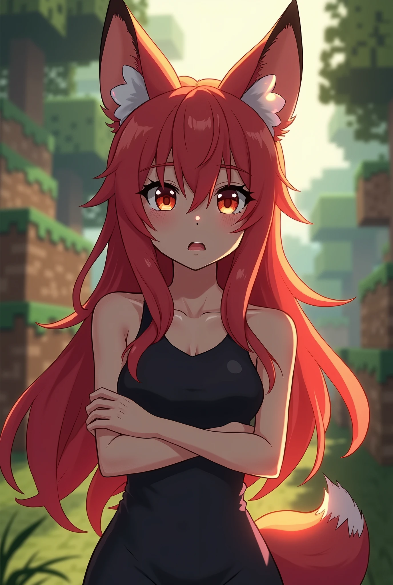 score_9, score_6_up, source_anime, [source_anthro], rating_safe, [rating_explicit],

full body portrait, girl body focus, front view, best quality, (wide shot), highly detailed face, perfect lighting,   

solo, fox girl, furry girl, red hair, long hair, shocked face, (seat at ground), slit pupils, (covering breasts, crossed arms:1.3), 

(minecraft animals), minecraft detailed world background,
detailed background, detailed foreground, depth of field, ambient silhouette, backlighting