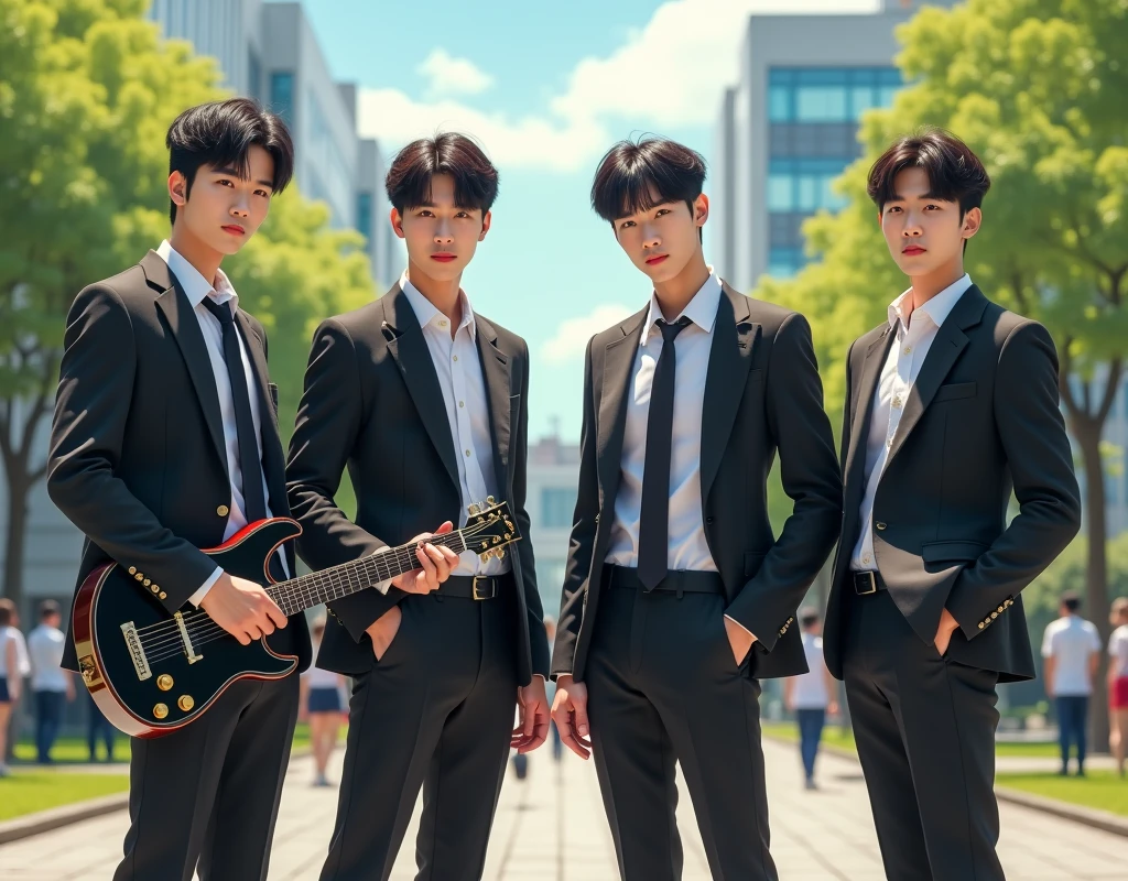 Create a four handsome Korean men wearing stylish school uniforms looking in front. The setting should be a school yard. complete with a guitar and drums. with a lot of people.