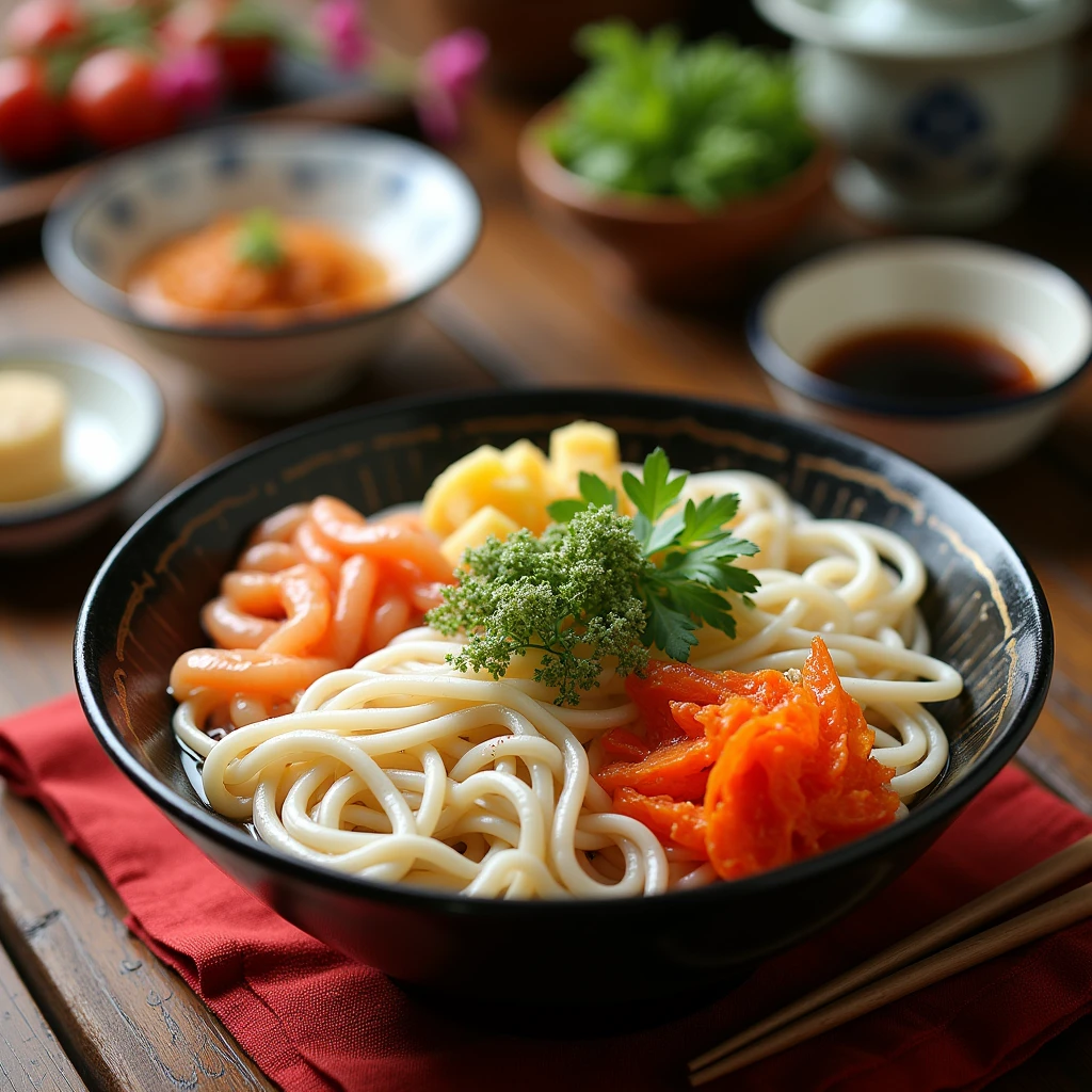 Japanese udon noodle advertisement,Soft and chewy noodles with a variety of ingredients,The table is decorated with decorative items beside it.