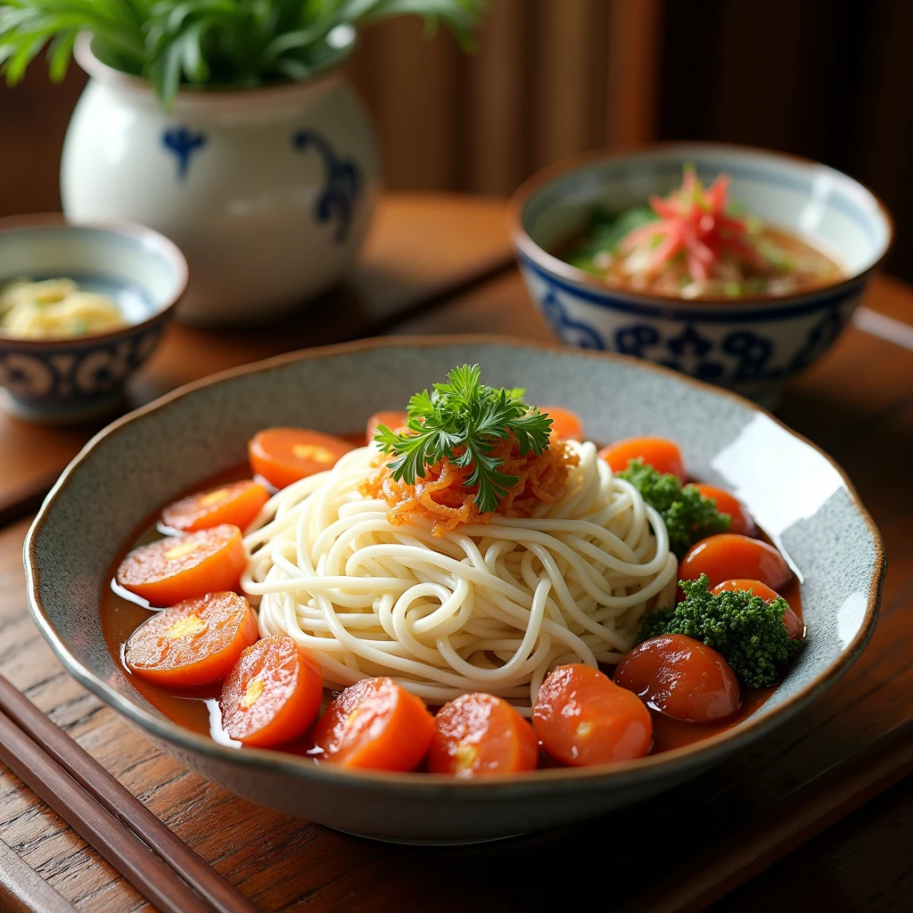 Japanese udon noodle advertisement,Soft and chewy noodles with a variety of ingredients,The table is decorated with decorative items beside it.
