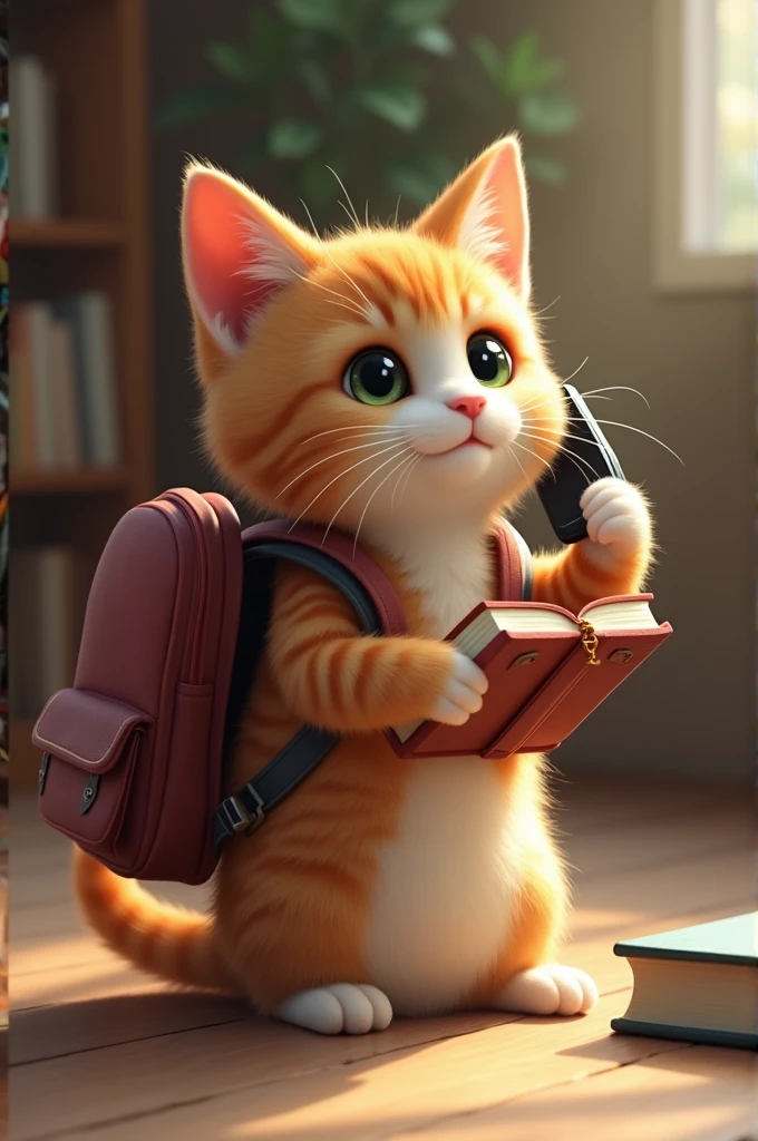 One cat, wear your bag, have a book in your hand, then go for a call and say hello to your family