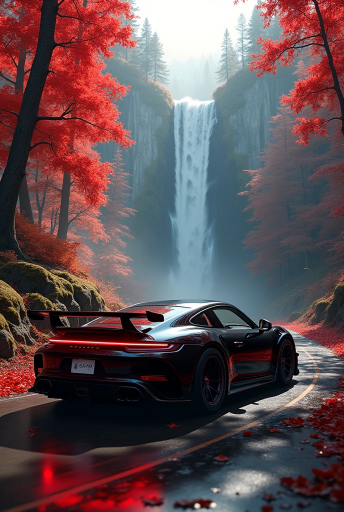 A car in black with driving in red forest with water fall
