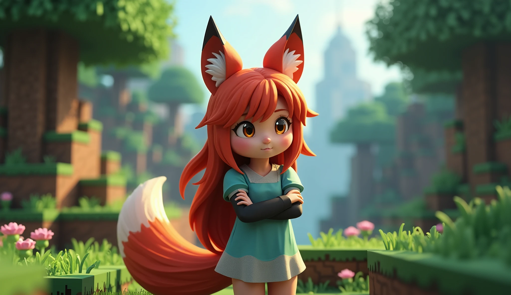 score_9, score_6_up, source_anime, [source_anthro], rating_safe, [rating_explicit],

full body portrait, girl body focus, front view, best quality, (wide shot), highly detailed face, perfect lighting,   

solo, fox girl, furry girl, red hair, long hair, shocked face, (stand near tree), slit pupils, (thinking mood, crossed arms:1.3), 

(minecraft animals), minecraft detailed world background,
detailed background, detailed foreground, depth of field, ambient silhouette, backlighting