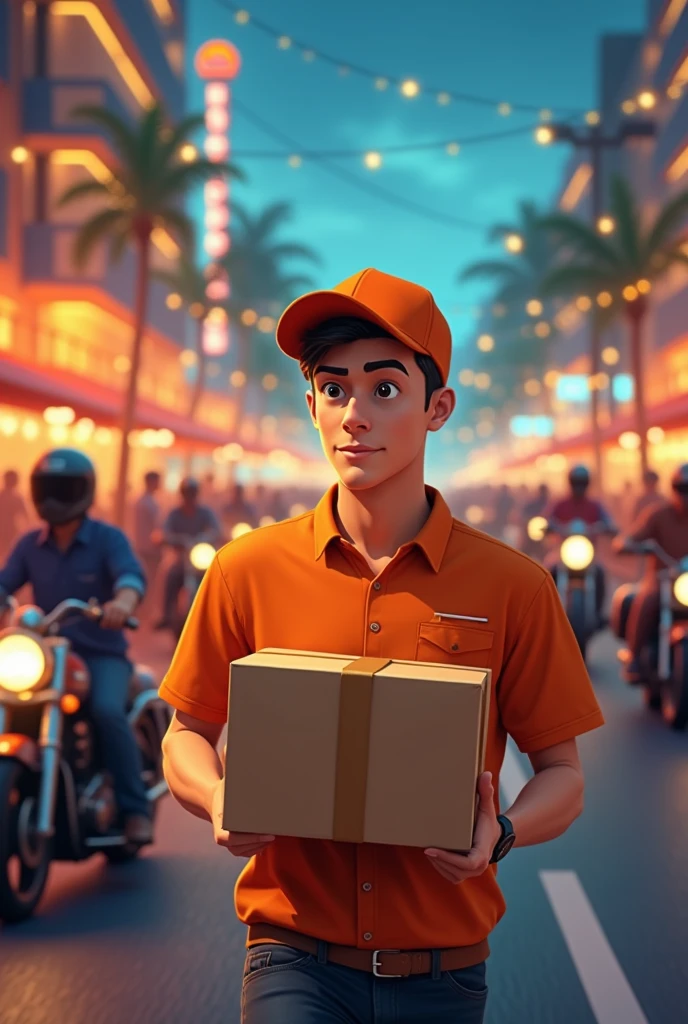 Delivery boy pick up parcel near hotel near bike night on road delivery boy shirt organe